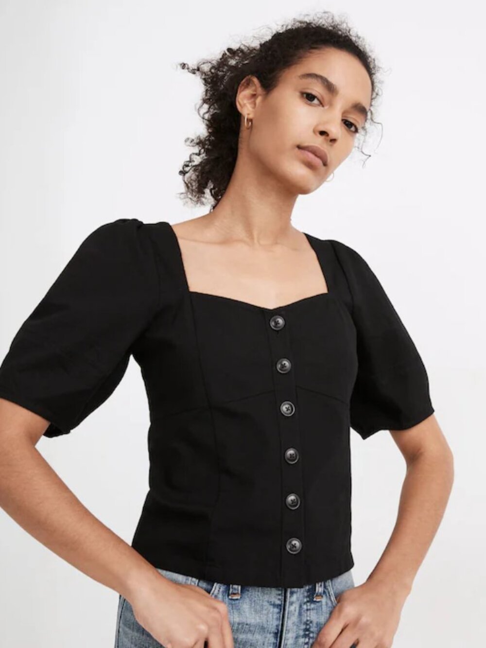 Madewell Black Button Front Bodice Smocked Puffed Sleeve Cotton Top size 0